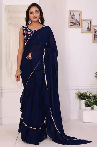 ready to wear navy blue georgette fabric ruffle style saree with unstitched blouse