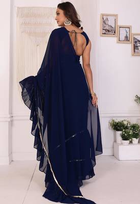 ready to wear navy blue georgette fabric ruffle style saree with unstitched blouse 3