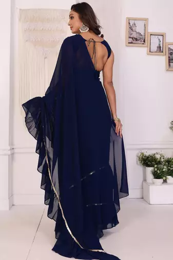 ready to wear navy blue georgette fabric ruffle style saree with unstitched blouse