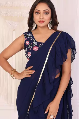 ready to wear navy blue georgette fabric ruffle style saree with unstitched blouse