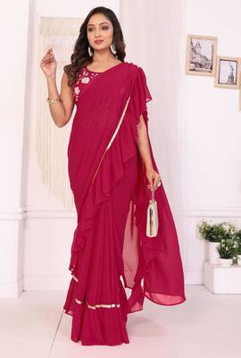 ready made rani georgette fabric ruffle style saree 1