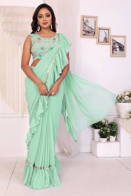 ready to wear sea green georgette fabric ruffle style saree with unstitched blouse 1
