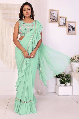 sea green Georgette Fabric Ruffle Style Ready to Wear Saree With Unstitched Blouse