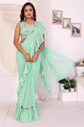 sea green Georgette Fabric Ruffle Style Ready to Wear Saree With Unstitched Blouse