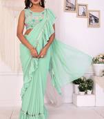 ready to wear sea green georgette fabric ruffle style saree with unstitched blouse