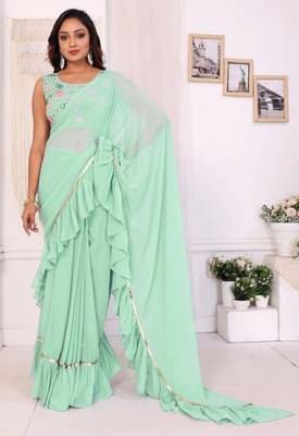 ready to wear sea green georgette fabric ruffle style saree with unstitched blouse 2