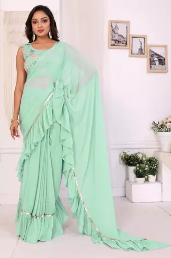 pre-stitched sea green georgette fabric ruffle style saree