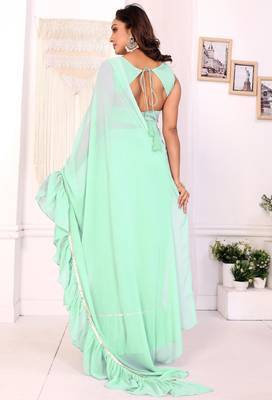 ready to wear sea green georgette fabric ruffle style saree with unstitched blouse 4