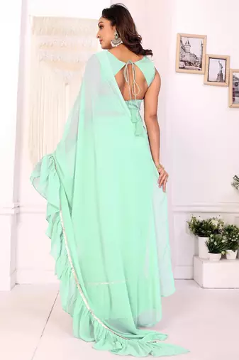 pre-stitched sea green georgette fabric ruffle style saree
