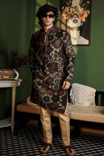 Black cotton printed kurta pajama