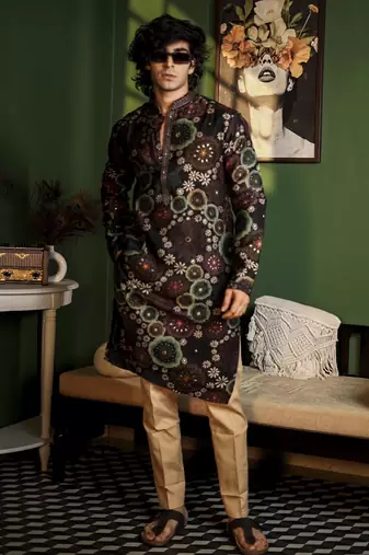 Black cotton printed kurta pajama