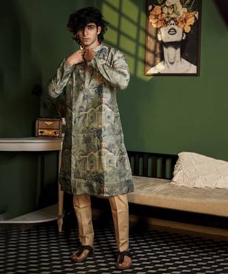 Green cotton printed kurta pajama 1