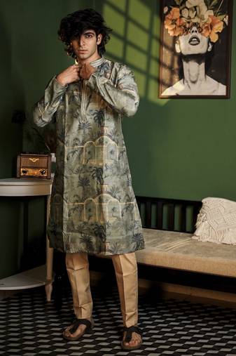 Green cotton printed kurta pajama