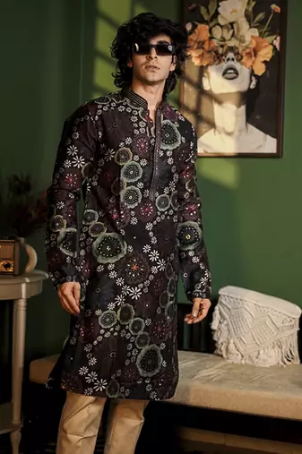 Black cotton printed kurta pajama