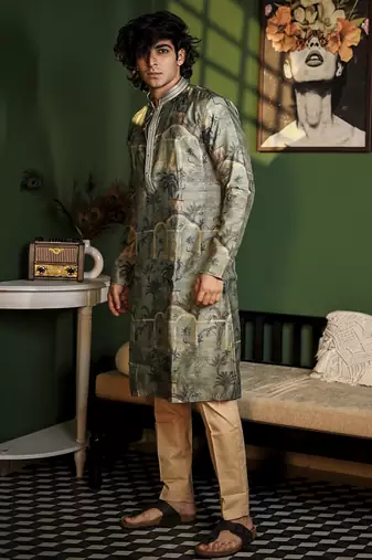 Green cotton printed kurta pajama