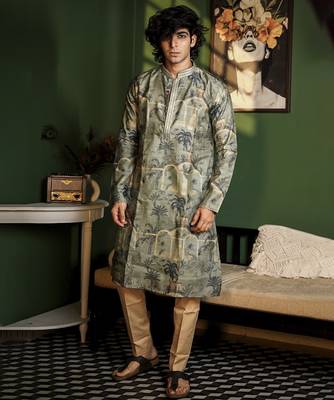 Green cotton printed kurta pajama 3