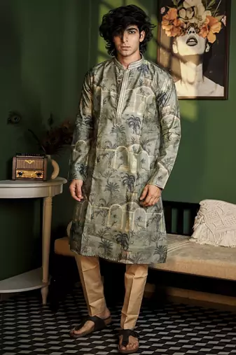 Green cotton printed kurta pajama