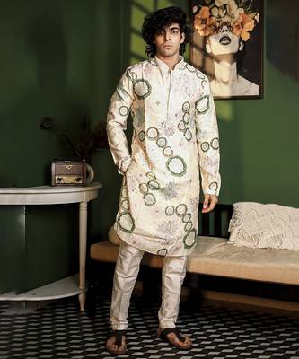 White cotton silk printed  kurta pajama 1