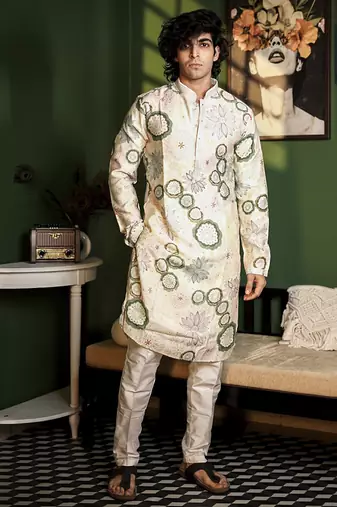 White cotton silk printed  kurta pajama