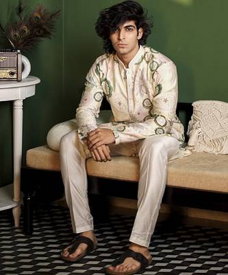 White cotton silk printed  kurta pajama 2