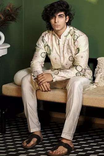 White cotton silk printed  kurta pajama