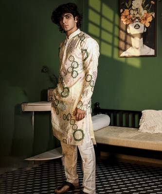 White cotton silk printed  kurta pajama 3