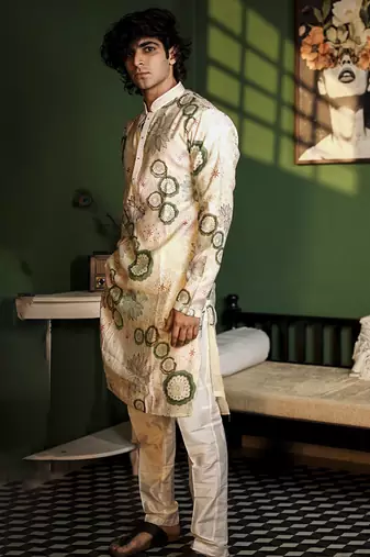 White cotton silk printed  kurta pajama