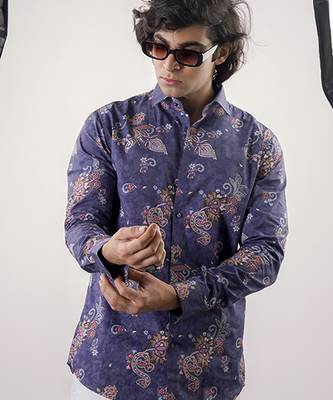 Blue floral printed cotton  shirt 1
