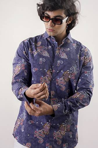 Blue floral printed cotton  shirt