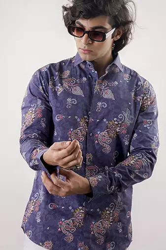 Blue floral printed cotton  shirt