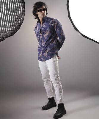 Blue floral printed cotton  shirt 2