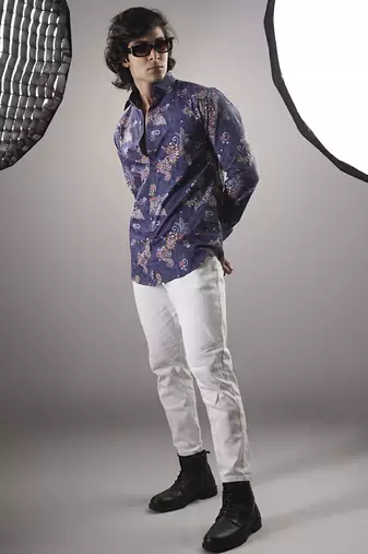 Blue floral printed cotton  shirt
