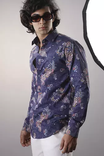 Blue floral printed cotton  shirt