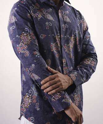Blue floral printed cotton  shirt 4