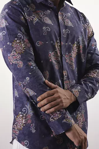 Blue floral printed cotton  shirt