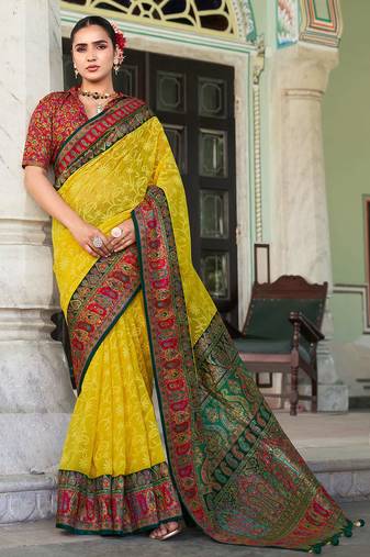 yellow poly viscose georgette lucknowi chikankari work saree