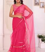 ready to wear gajari net ruffle style saree with unstitched blouse