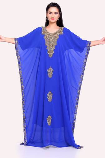 Graceful Royal Blue Stitched Kaftan with Handwork embroidered – Ethnic Glam Redefined