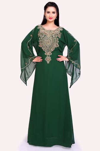 Elegant Green Stitched Kaftan Gown for Celebrations with Golden Handwork Embroidery
