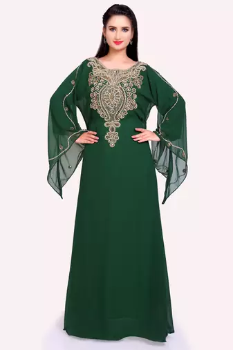 Elegant Green Stitched Kaftan Gown for Celebrations with Golden Handwork Embroidery