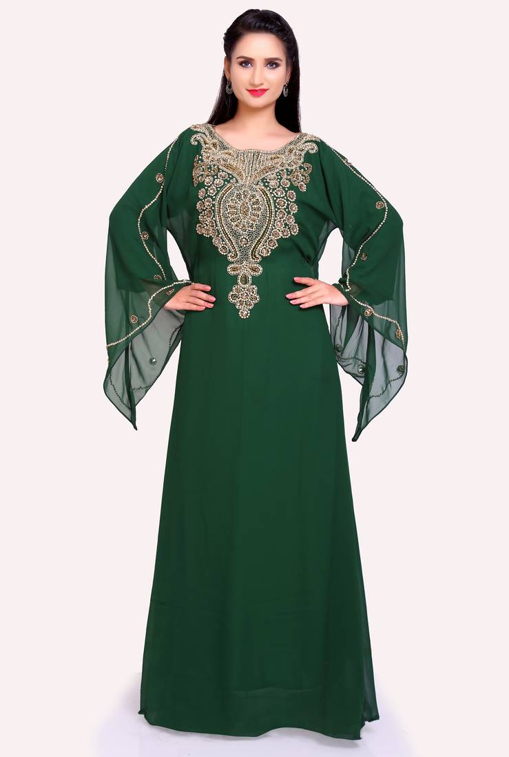 Elegant Green Stitched Kaftan Gown for Celebrations with Golden Handwork Embroidery