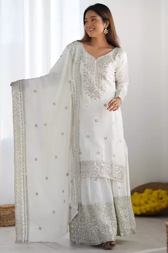 White Color Kurti With Palazzo Sequins Work Designer Kurti Set With Dupatta