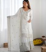 White embroidered Kurti With Palazzo Sequins Work Designer Kurti Set With Dupatta