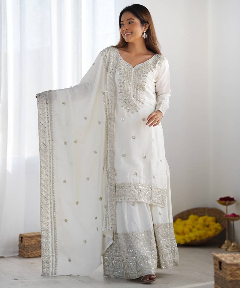 White Color Kurti With Palazzo Sequins Work Designer Kurti Set With Dupatta
