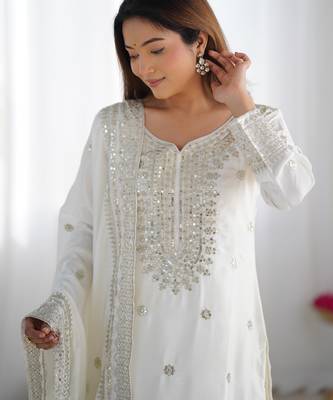White embroidered Kurti With Palazzo Sequins Work Designer Kurti Set With Dupatta 2