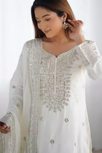 White embroidered Kurti With Palazzo Sequins Work Designer Kurti Set With Dupatta