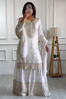White embroidered Kurti With Palazzo Sequins Work Designer Kurti Set With Dupatta 3