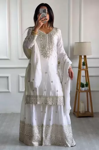 White embroidered Kurti With Palazzo Sequins Work Designer Kurti Set With Dupatta