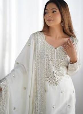 White embroidered Kurti With Palazzo Sequins Work Designer Kurti Set With Dupatta 4