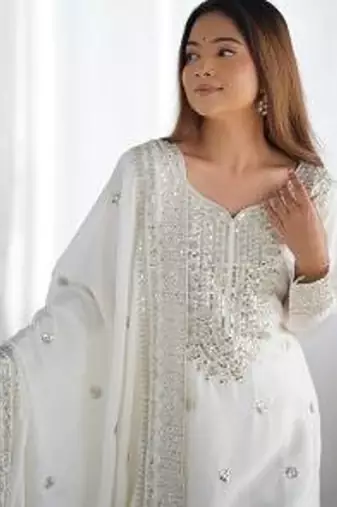 White embroidered Kurti With Palazzo Sequins Work Designer Kurti Set With Dupatta